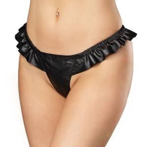 Rimba Bondage Play - Luxe Lederen String met Roesjes - Zwart