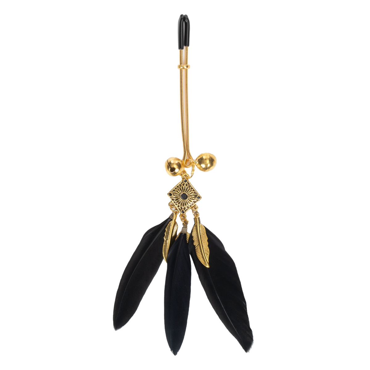 Rimba Bondage Play - Tepelklemmen met veren - Zwart & Goud