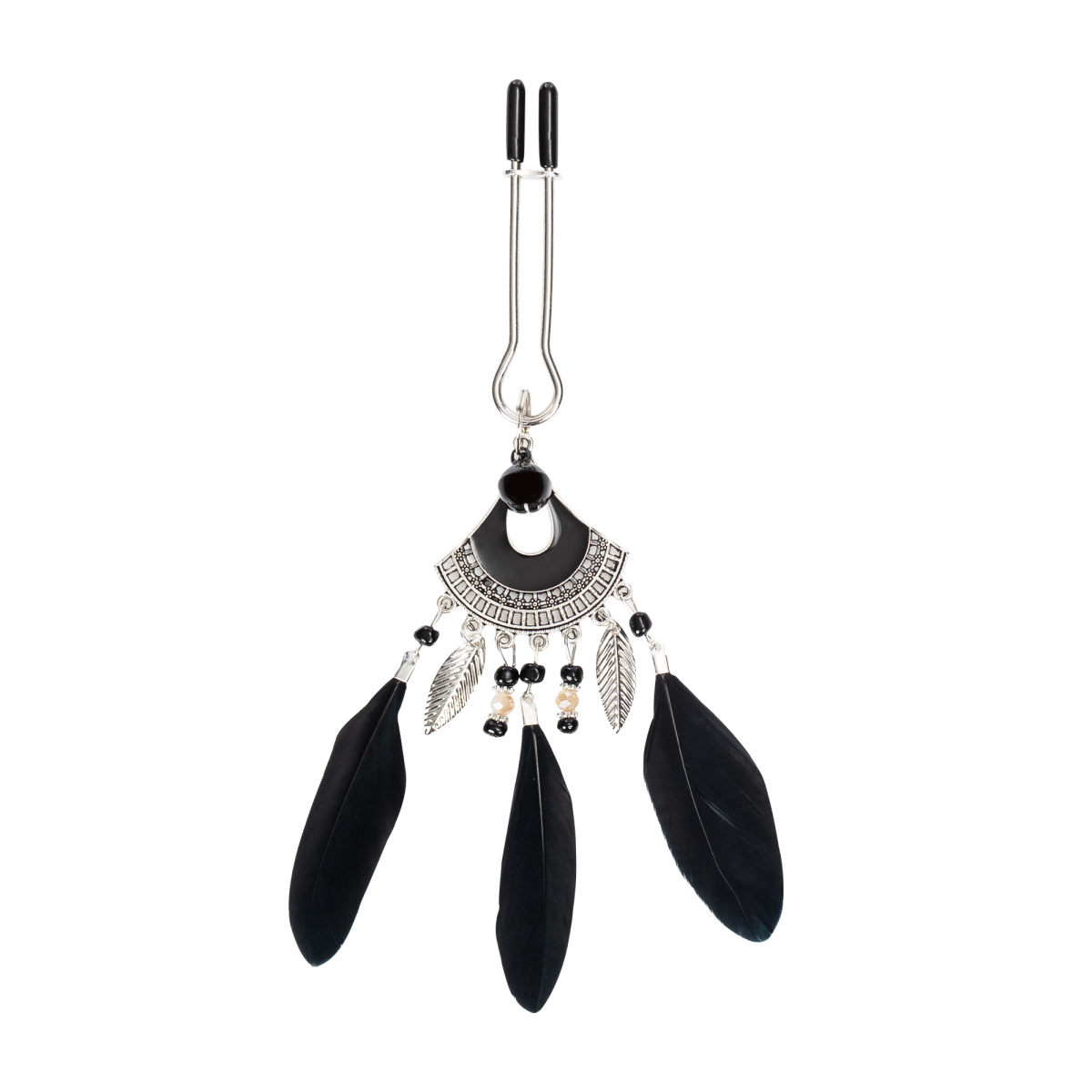 Rimba Bondage Play - Tepelklemmen met veren - Zwart & Zilver