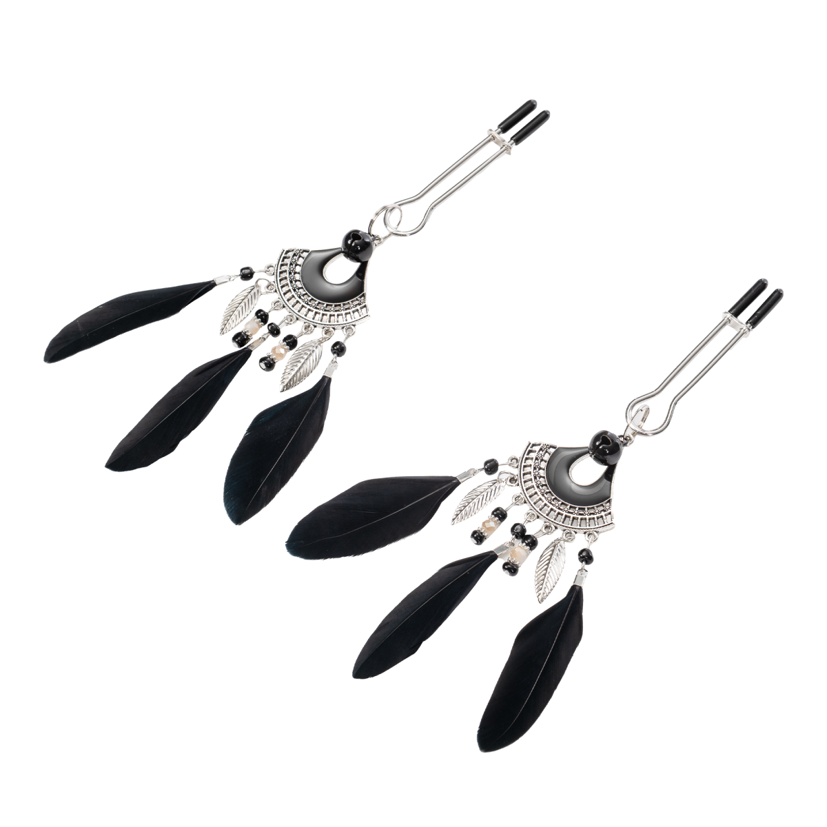 Rimba Bondage Play - Tepelklemmen met veren - Zwart & Zilver