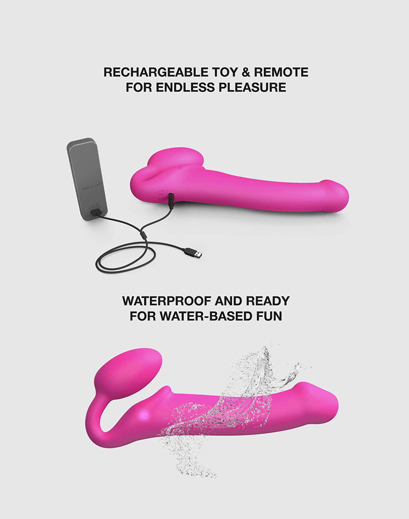 Strap-On-Me - Buigbare Strap-On Vibrator met Afstandsbediening Maat XL - Fuchsia