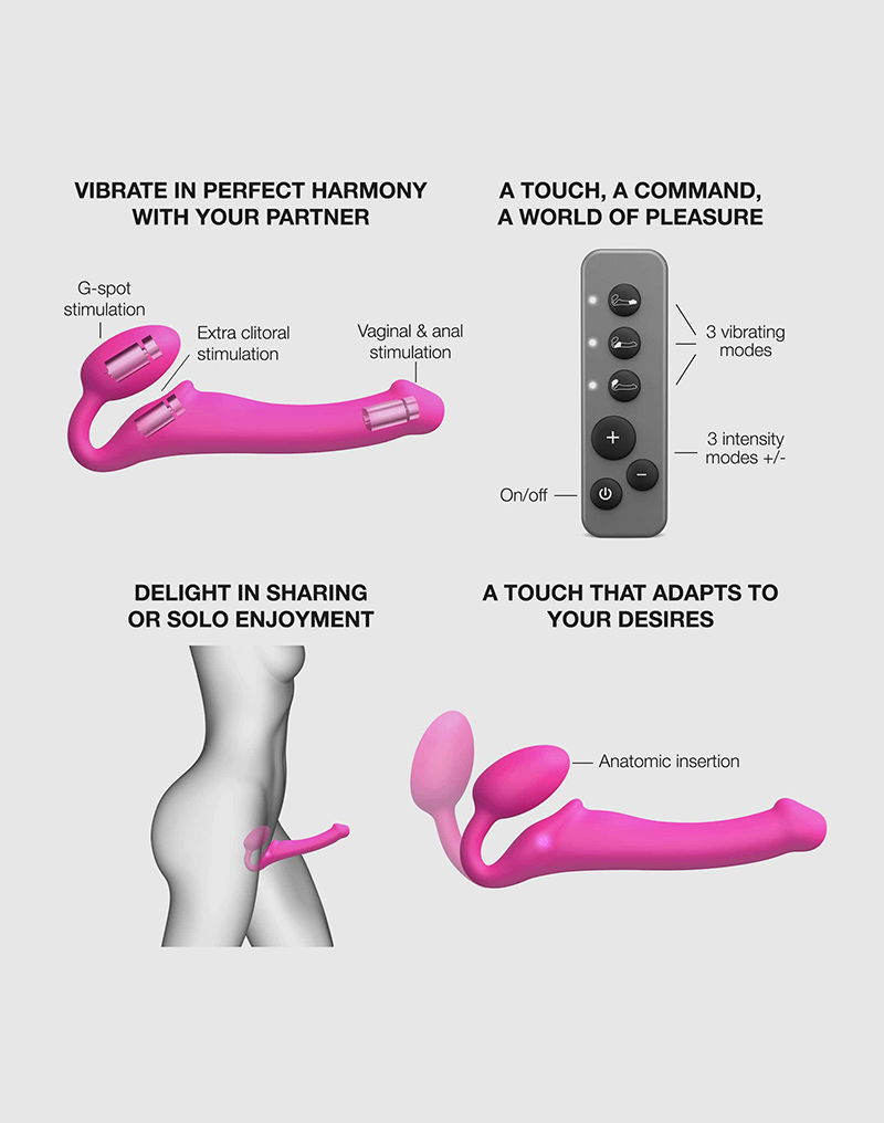 Strap-On-Me - Buigbare Strap-On Vibrator met Afstandsbediening Maat XL - Fuchsia
