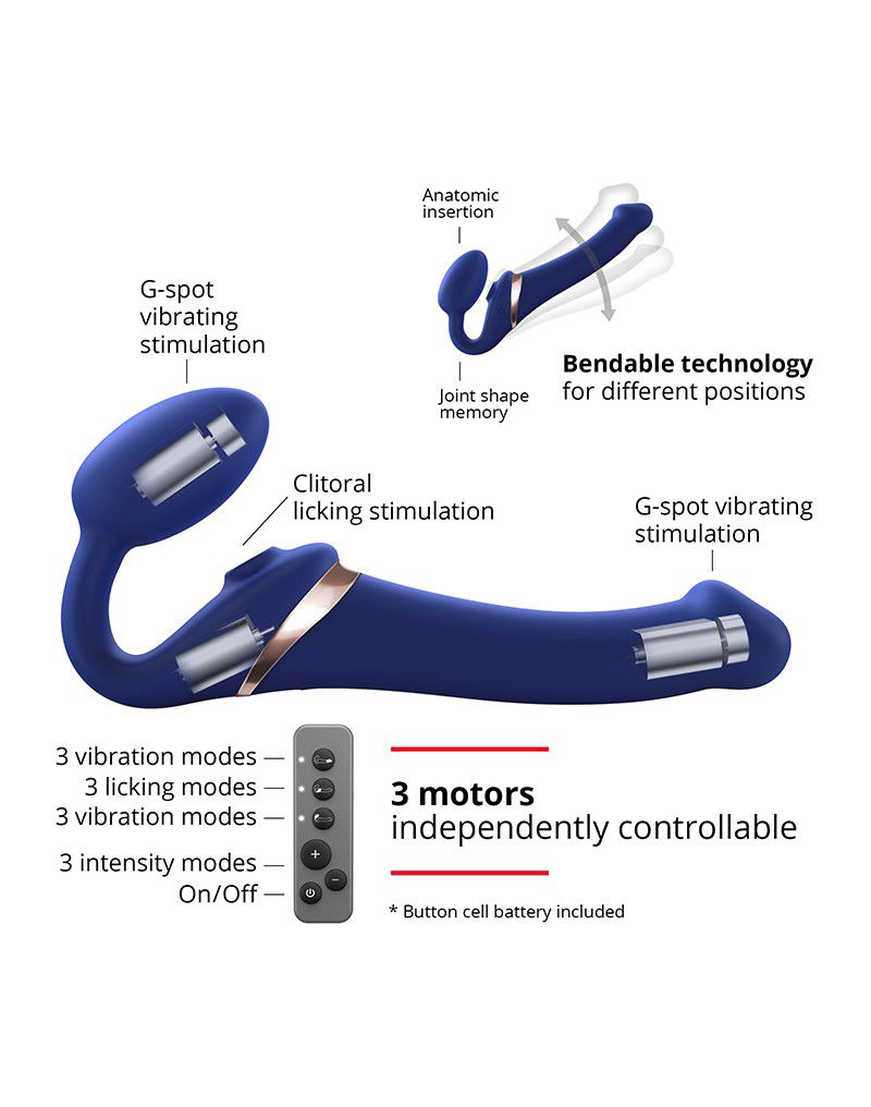 Strap-On-Me - Multi Orgasm - Strap-On Vibrator met Lik Stimulator Maat L - Blauw